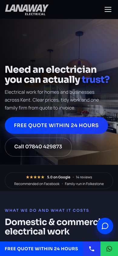 The Lanaway Electrical home page on a phone