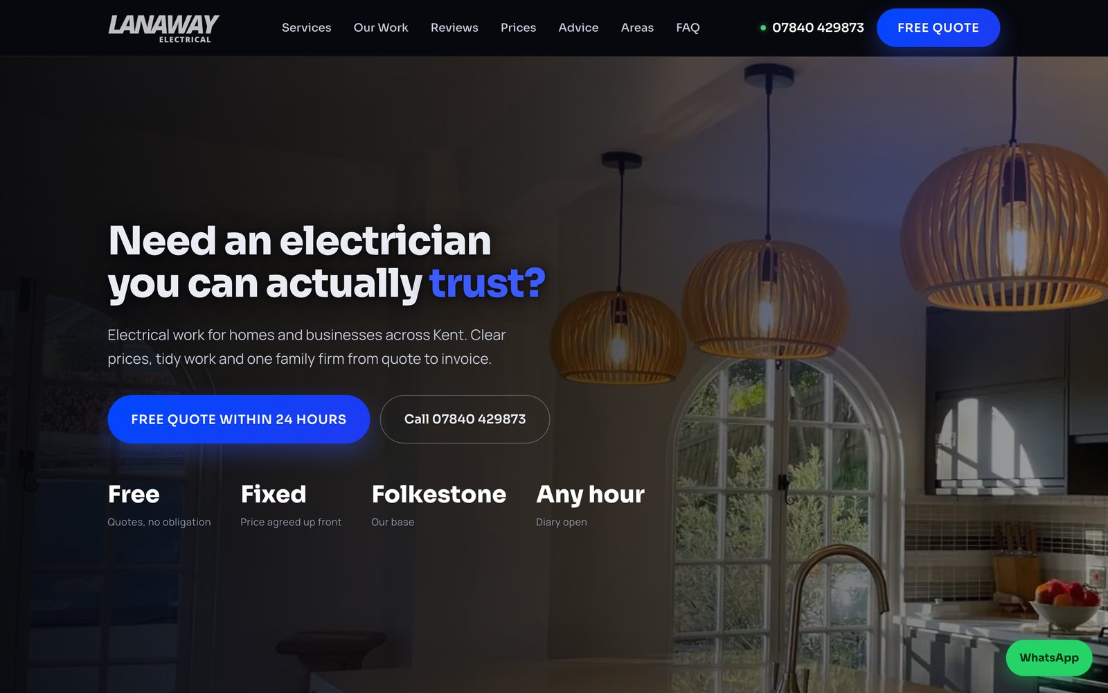 The Lanaway Electrical website: headline, free quote button and services.